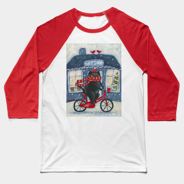 Christmas Gift Shop Bicycle Ride Baseball T-Shirt by KilkennyCat Art